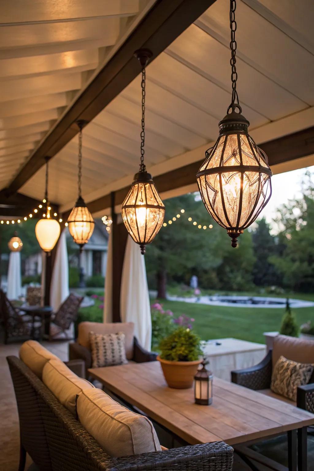 Hanging pendants offer functionality and elegance to outdoor living areas.