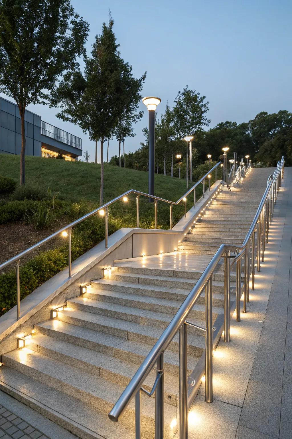 Rail lighting offers safety and adds a polished finish to outdoor stairs.
