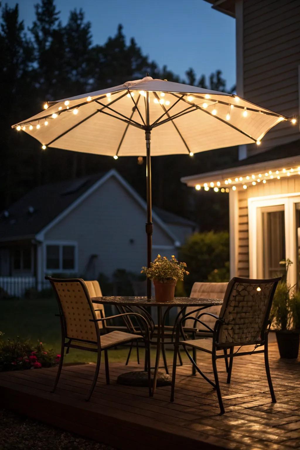 With lighted umbrellas, you can use your patio into the evening.