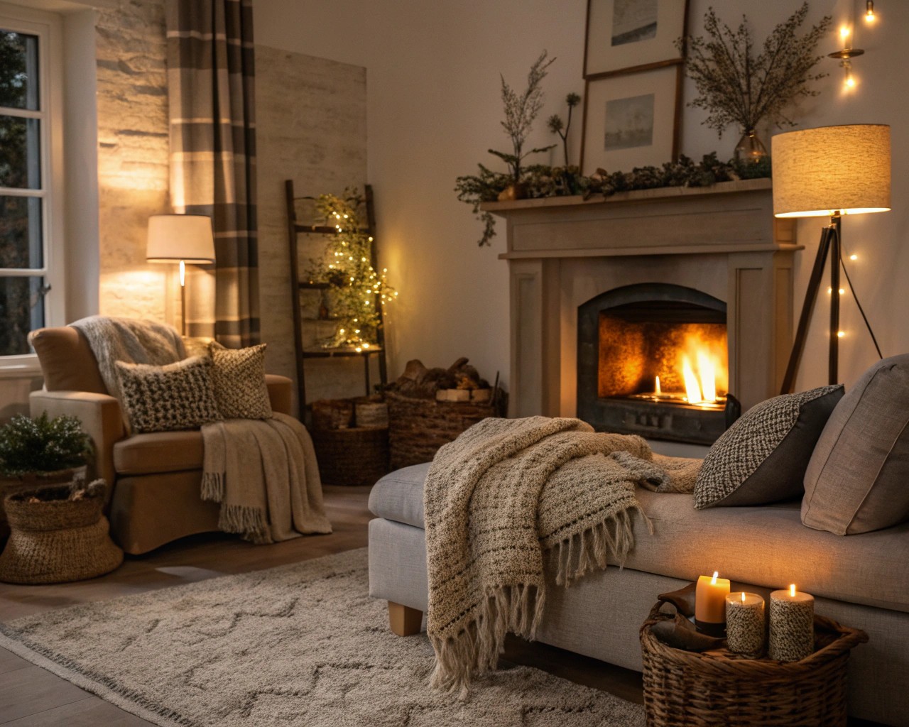 A room with layered lighting providing ambience and functionality.