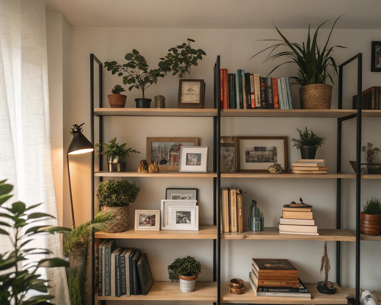 A well-organized bookshelf reflects personal stories through themed displays of cherished objects.