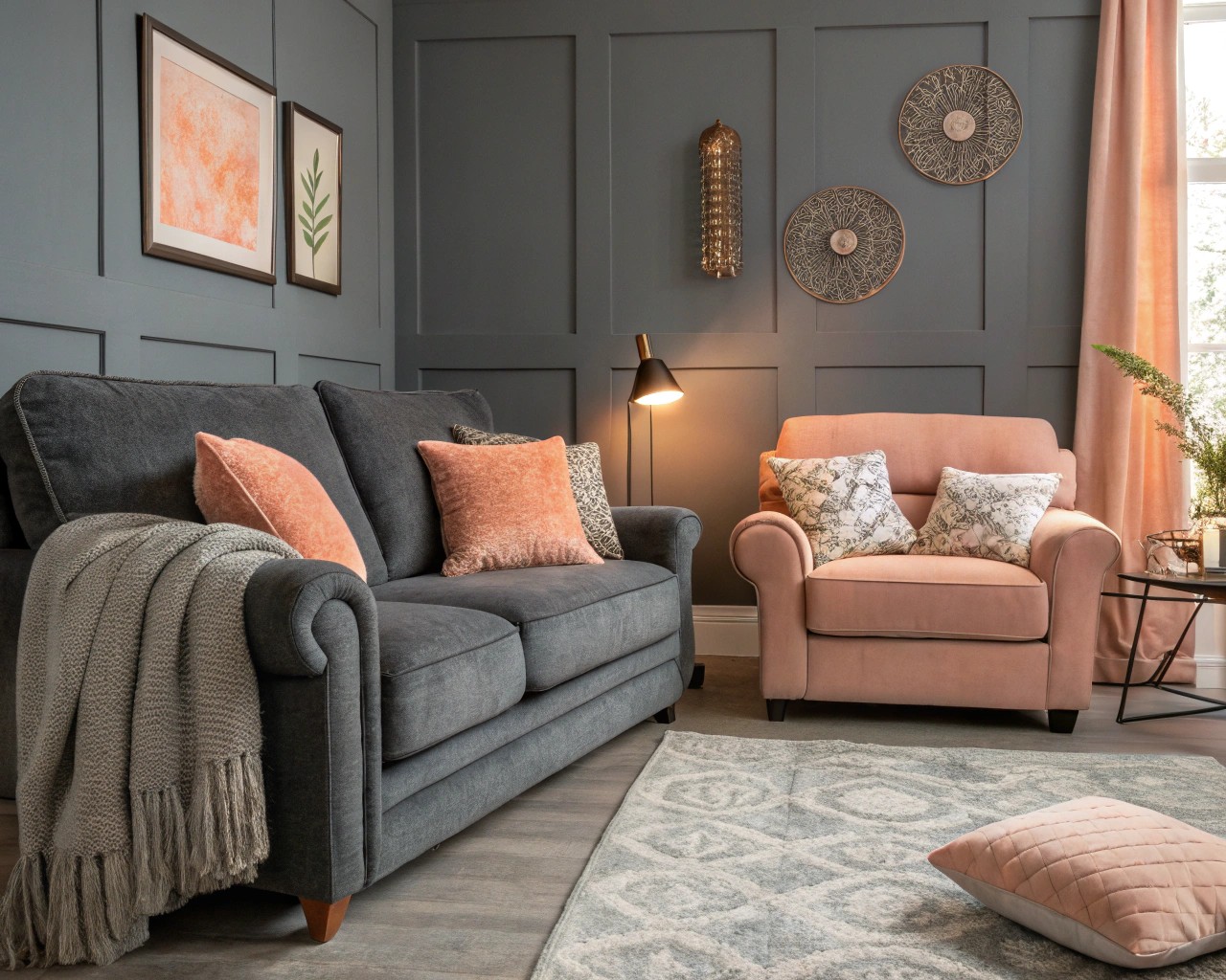 Admire the modern elegance of charcoal gray coupled with soft peach hues.