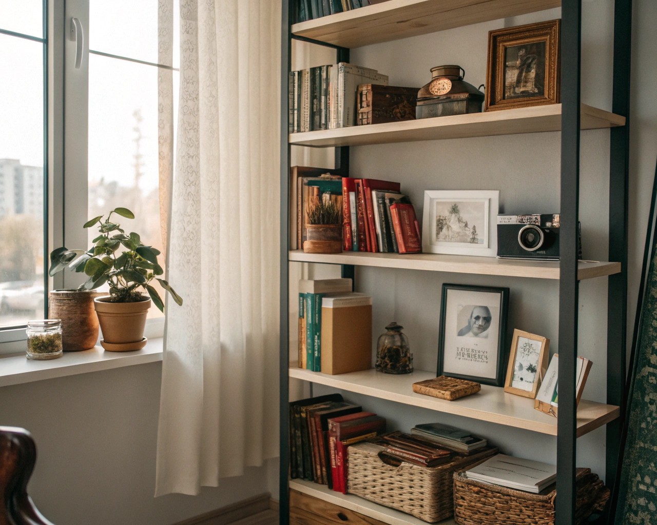 Books on shelves serve as narrative foundations that support and contextualize displayed objects.