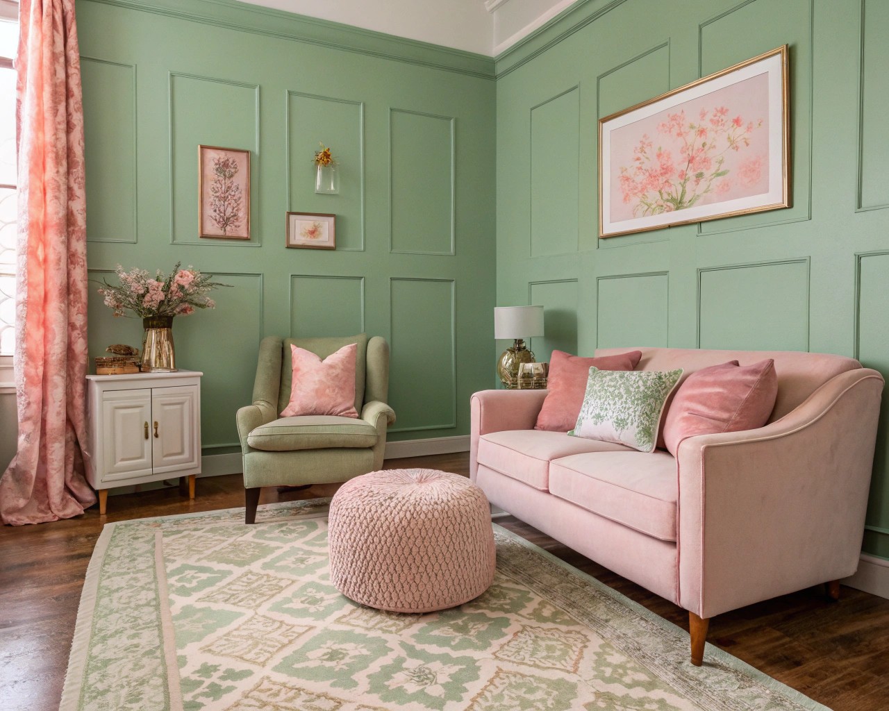 Experience the soothing combination of sage green and blush pink.