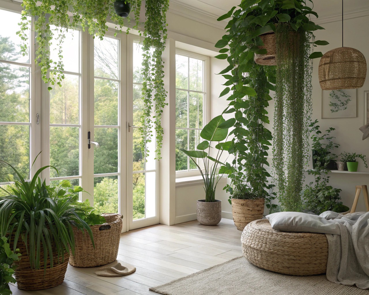 Greenery adds vitality and aesthetic appeal to this living room.
