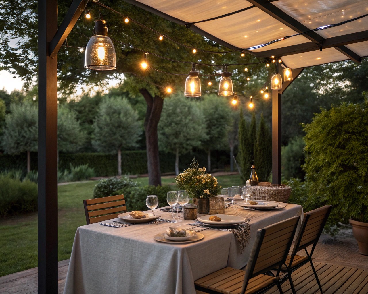 Layered lighting creates depth and enhances the romantic ambiance of outdoor dining areas.