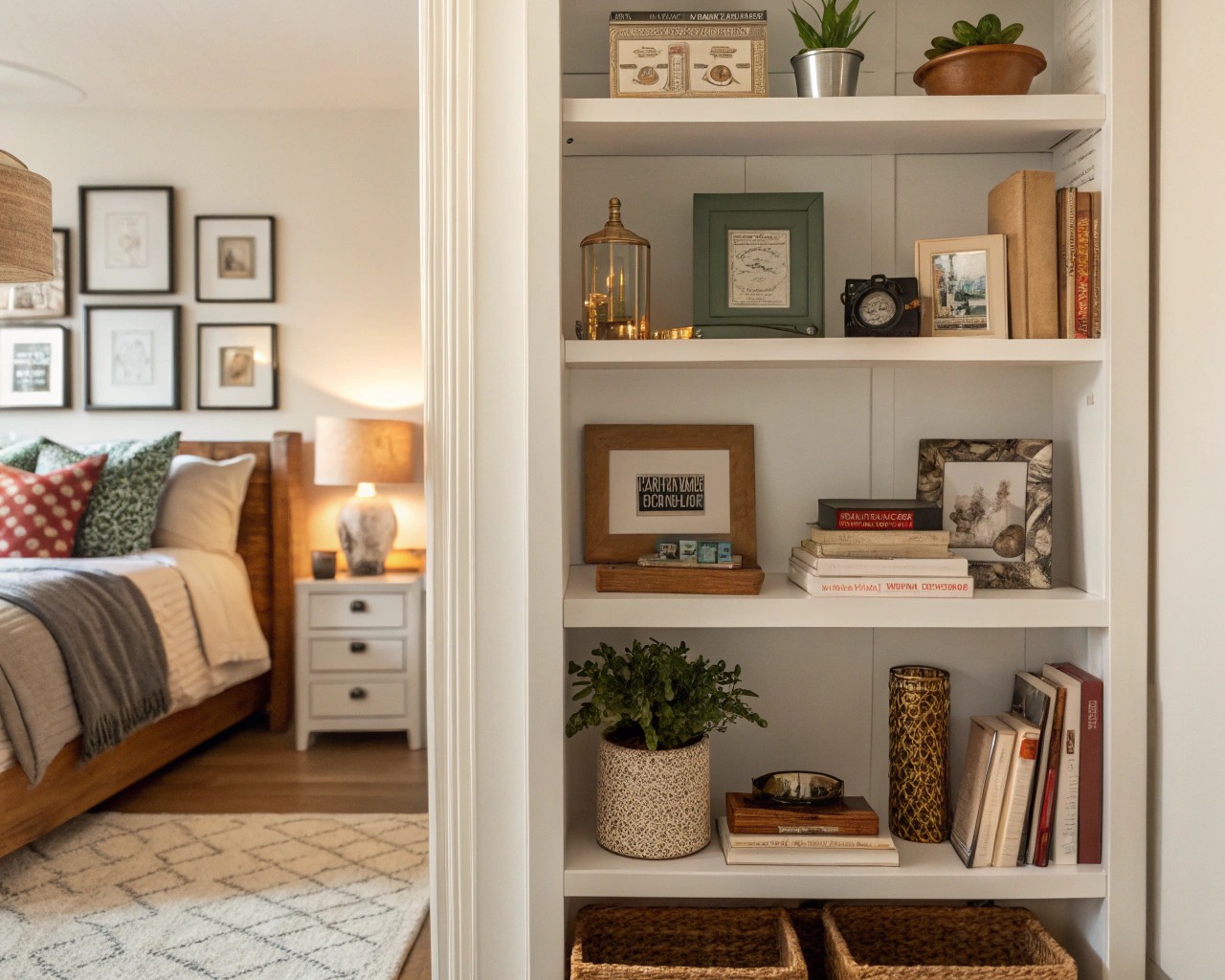 Layering items on shelves adds visual depth and supports storytelling through curated displays.