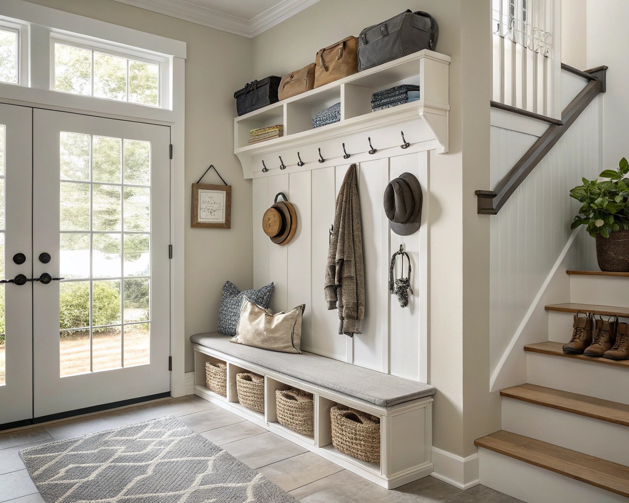 Multifunctional furniture maximizes space and function in small entryways.