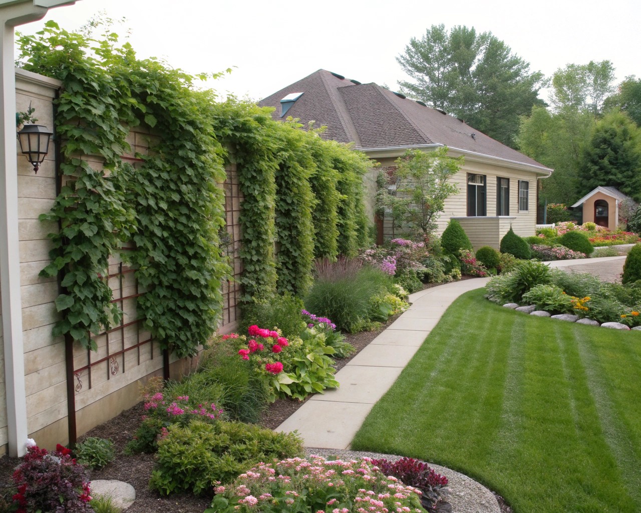 Plants and living screens as natural dividers in a residential outdoor setting.
