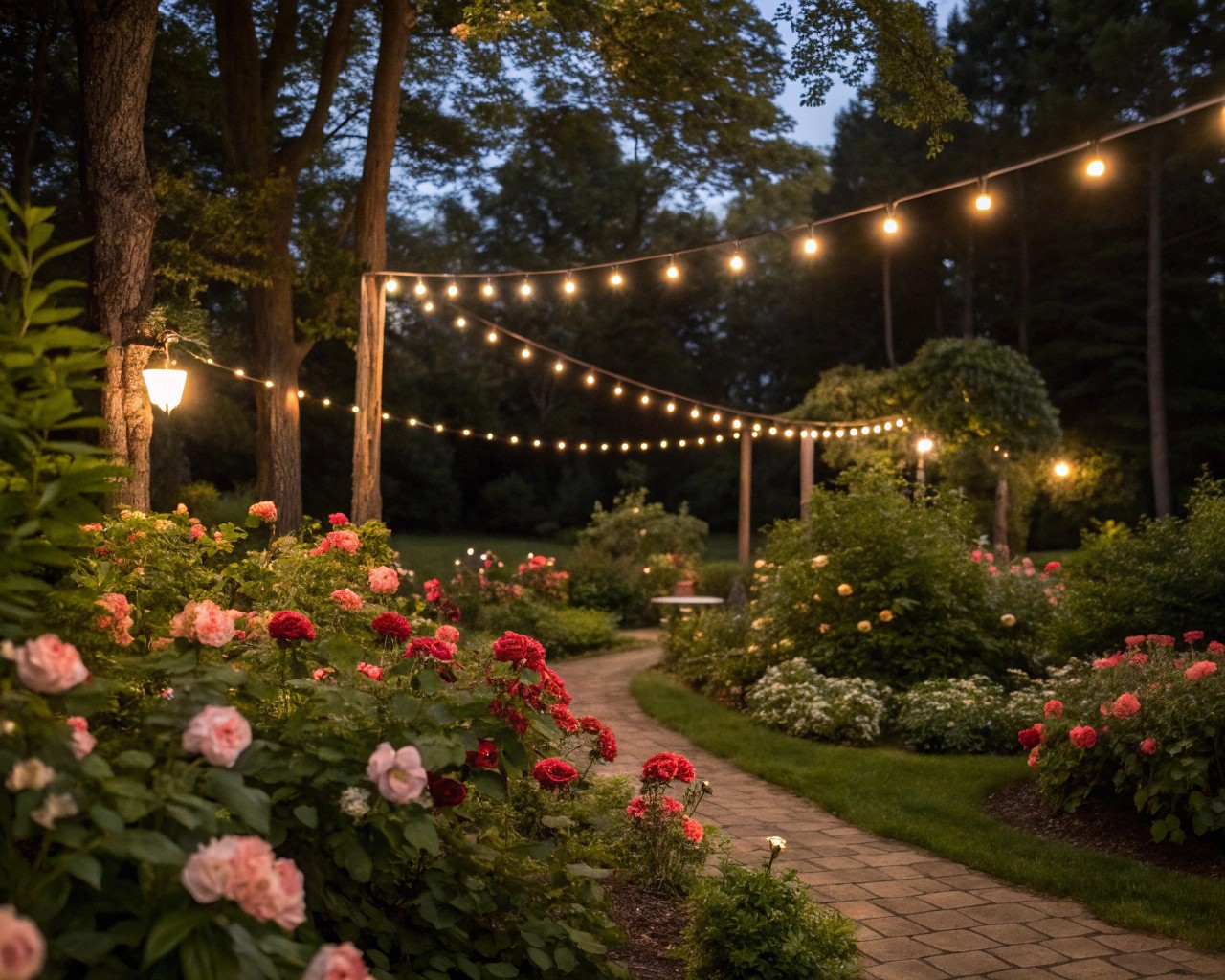 String and overhead lights lend warmth and charm to outdoor dining spaces.
