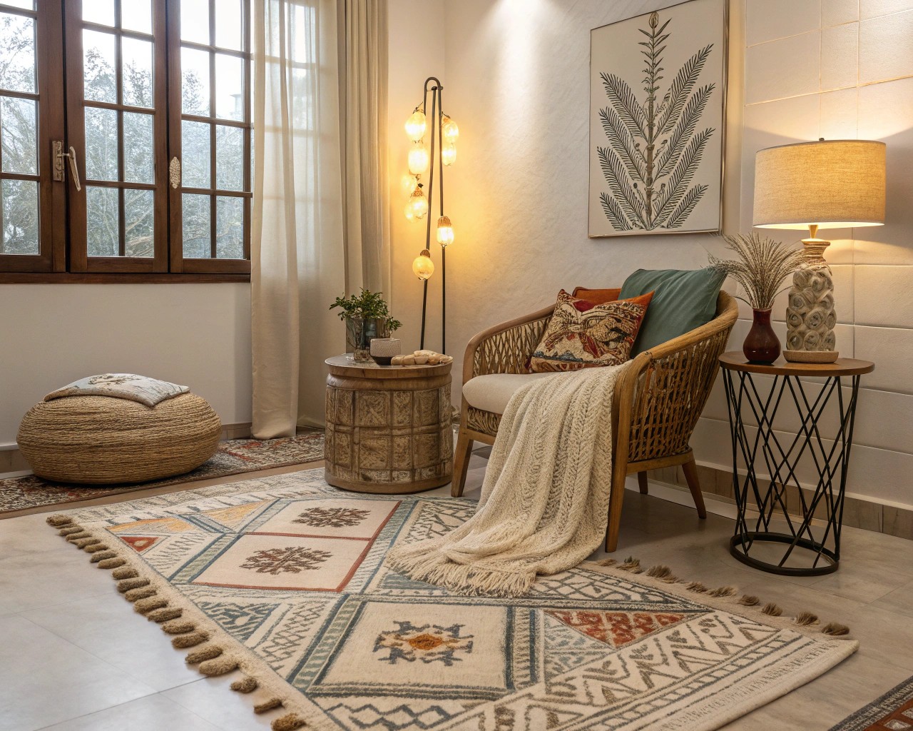 Textiles like area rugs and cushions create cohesion in this inviting space.