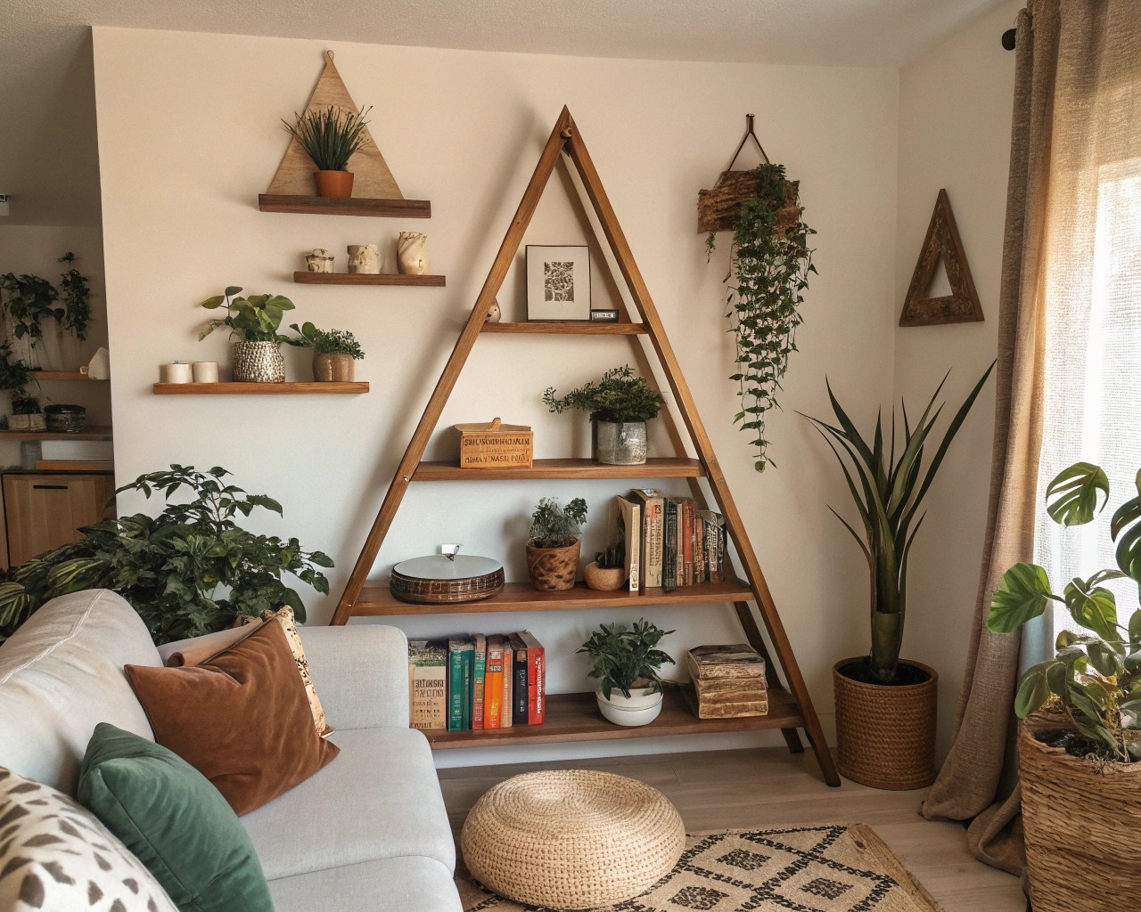 The triangle method helps create balance and harmony in shelf displays through strategic placement.