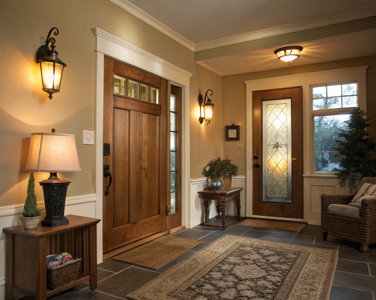 Thoughtfully layered lighting enhances the atmosphere and functionality of entryways.